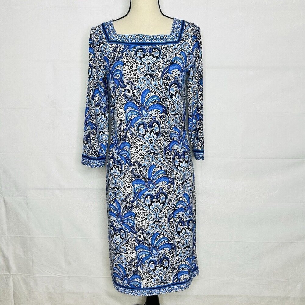 Talbots Blue Paisley Shift Dress Jersey Knit Square Neck 3/4 Sleeve Sz S